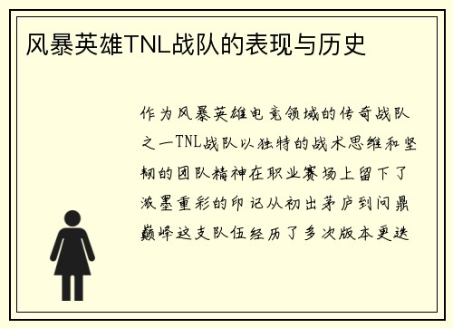 风暴英雄TNL战队的表现与历史